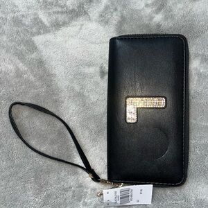 Black Leather Wristlet with Rhinestone Accent